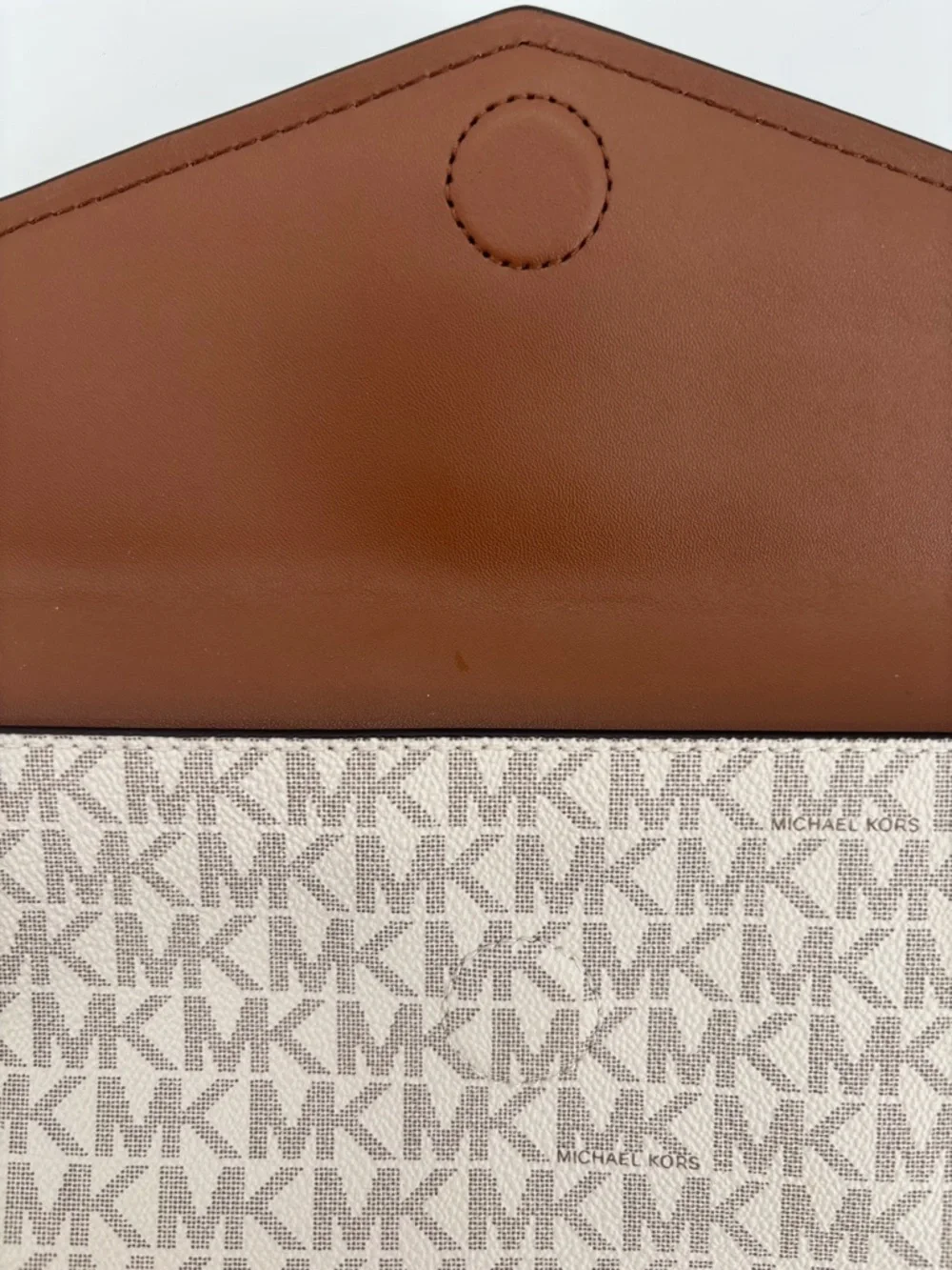 Michael Kors Maisie Leather Brown White Canvas GHW XL Envelope Clutch Wristlet - Picture 4 of 6